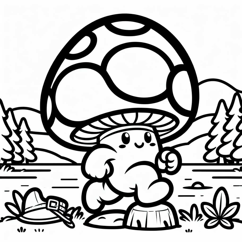 Fröhlicher Pilzsprung am See - Pilz, Ausmalbild, Abenteuer, Baumstumpf, Fliegenpilz