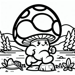 Fröhlicher Pilzsprung am See - Pilz, Ausmalbild, Abenteuer, Baumstumpf, Fliegenpilz, Tannenbäume