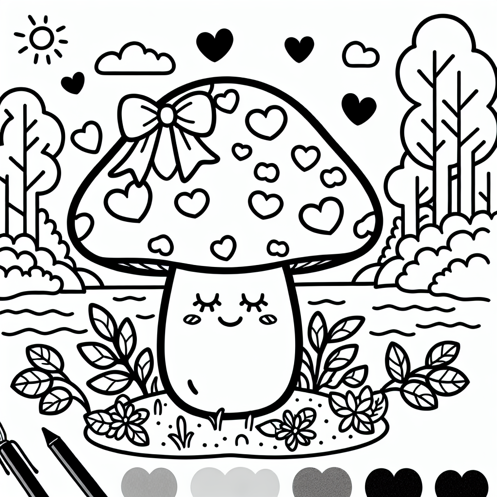 Zauberpilz am See - Herbstlandschaft, lachender Pilz, Ausmalbild Kinder, Pilzhut mit Schleife