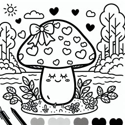 Zauberpilz am See - Herbstlandschaft, lachender Pilz, Ausmalbild Kinder, Pilzhut mit Schleife