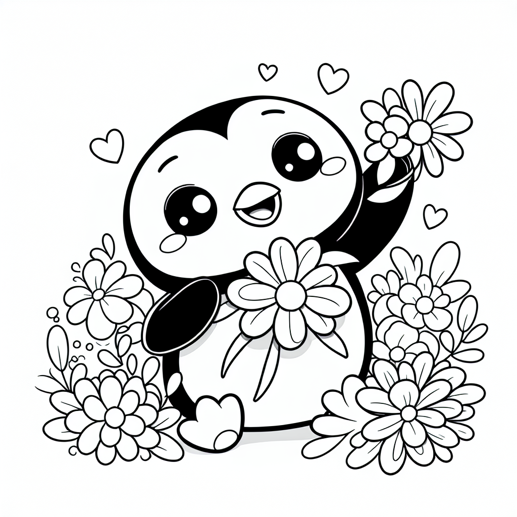 Glücklicher Blumenpinguin - #PinguinAbenteuer #BunteBlumen #CartoonSpaß #FröhlicherPinguin #AusmalFreude