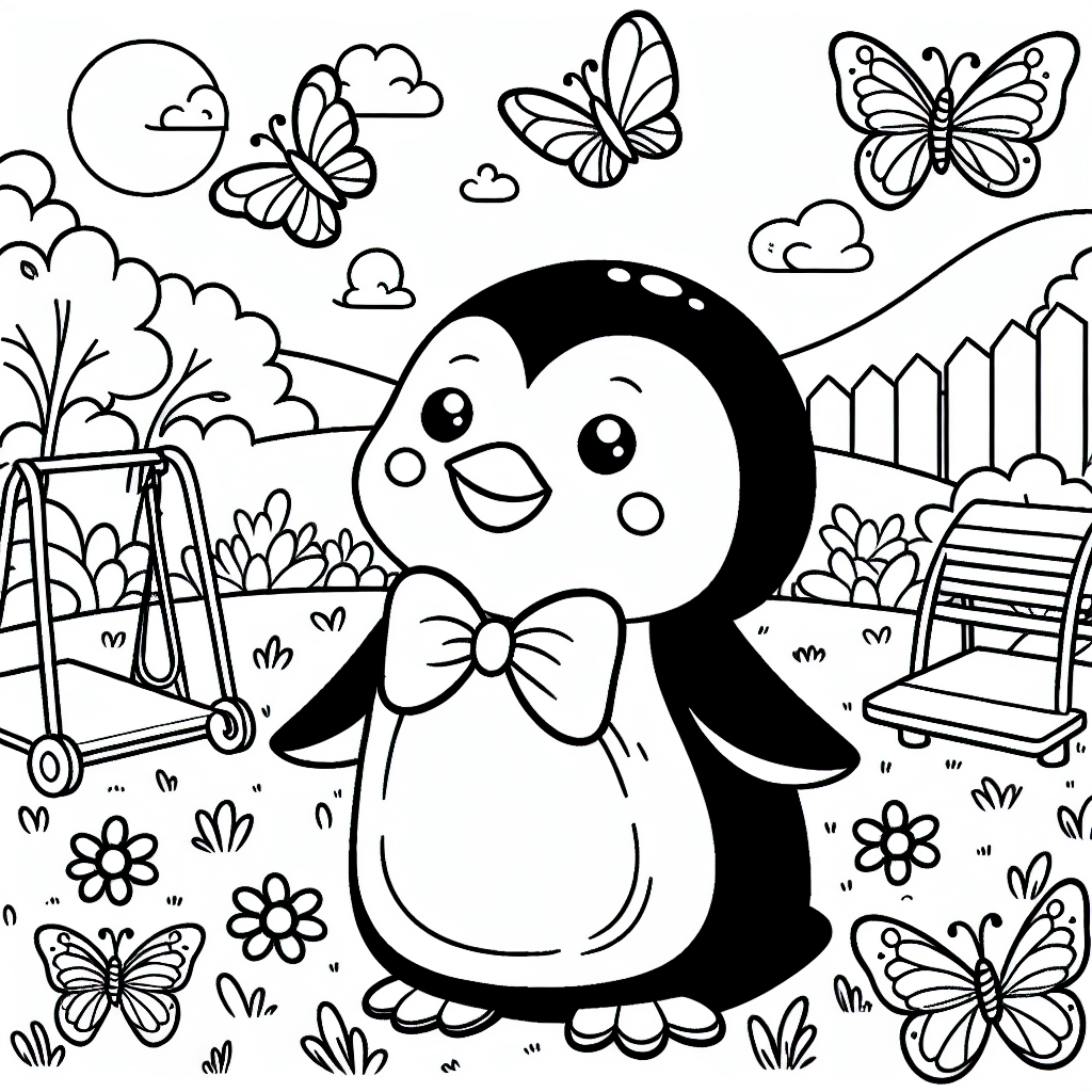 Fröhlicher Frühlingspinguin - Pinguin, Frühlingstag, Ausmalbild, Spielplatzszene, Kinderzeichnung