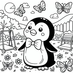 Fröhlicher Frühlingspinguin - Pinguin, Frühlingstag, Ausmalbild, Spielplatzszene, Kinderzeichnung