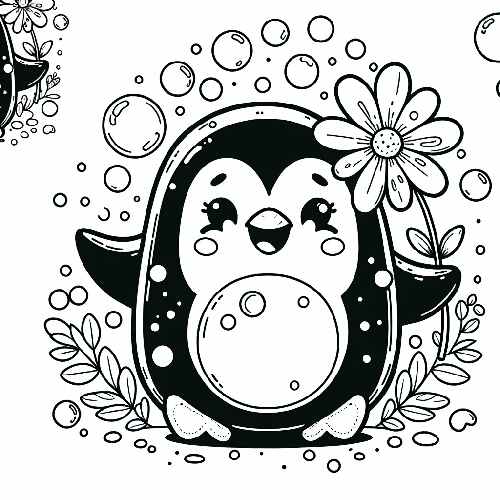 freudiger Blütenpinguin - Pinguin, Ausmalbild, Fantasie, Kinder, Farbenfroh