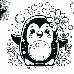 freudiger Blütenpinguin - Pinguin, Ausmalbild, Fantasie, Kinder, Farbenfroh
