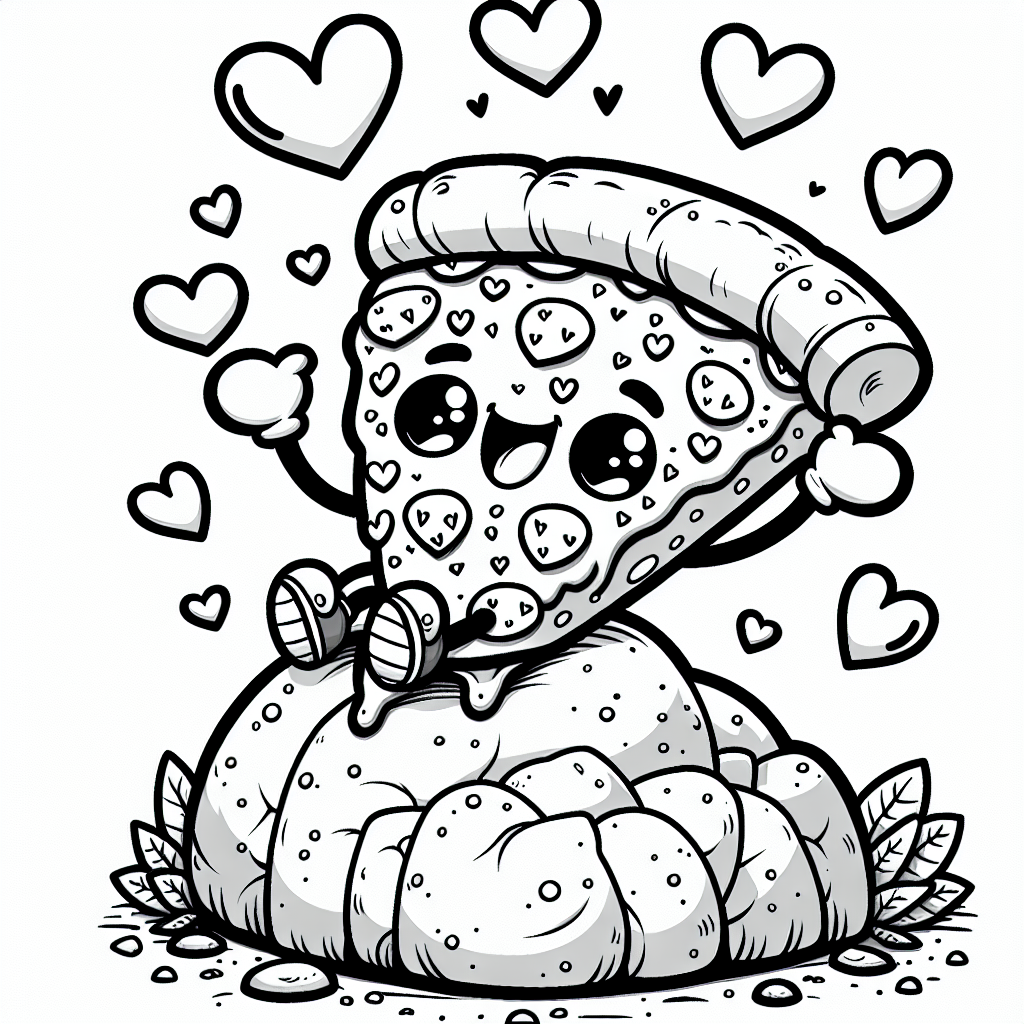 Willkommen in der wunderbaren Welt der Ausmalbilder, wo eine fröhliche Pizza auf einem Felsen sitzt und von kleinen Herzen umgeben ist! Dieses Bild ist perfekt für kleine Künstler, die ihre Fantasie zum Leuchten bringen möchten. Die kräftigen, schwarzen Linien erleichtern das Ausmalen und geben deinen Kindern die Freiheit, ihre eigenen Farbvorstellungen zu entfalten. Ob eine klassische Pizza mit kräftigem Rot und Gelb für Tomaten und Käse oder ein fantasievolles Abenteuer mit lila und grünem Belag - alles ist möglich!

Eltern können die Kreativität ihrer Kinder fördern, indem sie ihnen verschiedene Malutensilien wie Buntstifte, Filzstifte oder Wachsmalstifte zur Verfügung stellen. Ermutigen Sie die Kinder, Farben zu mischen und neue Farbtöne zu kreieren. Ein weiteres spannendes Element ist, kleine Geschichten um das Bild herum zu erfinden. Warum sitzt die Pizza auf einem Felsen? Wohin fliegen die Herzen? Solche Fragen regen die Fantasie an und machen das Ausmalen zu einem interaktiven Erlebnis.

Vergessen Sie nicht, das fertige Kunstwerk stolz auszustellen, sei es an der Pinnwand in der Küche oder als Geschenk für die Großeltern. So wird Kreativität belohnt und die Freude am Malen gefördert.