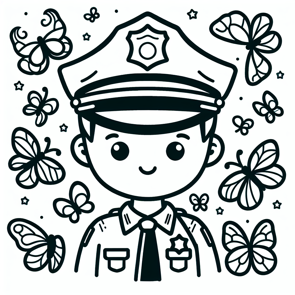 Verschmitzter Hüter - Tags: Ausmalbild, Polizistin, Streifenwagen, Schmetterlinge, Cartoon.