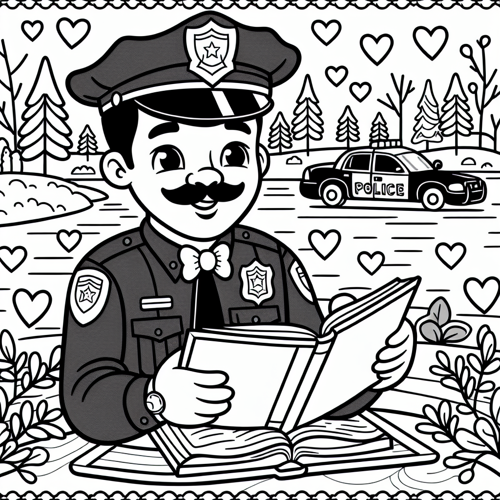 Lesender Polizist am See - Polizist, Wintermorgen, Streifenwagen, Abenteuerbuch, Herzchenmuster