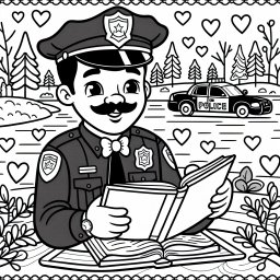 Lesender Polizist am See - Polizist, Wintermorgen, Streifenwagen, Abenteuerbuch, Herzchenmuster