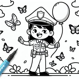 Luftballonfreund – Tags: Ausmalbild, Polizist, Kinder, Schmetterlinge, Luftballon.