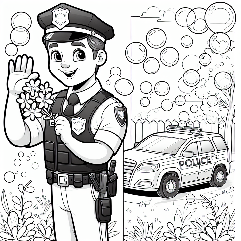 Freundlicher Polizist winkt - Polizist, Blumenstrauß, Seifenblasen, Polizeiauto, Sommermorgen