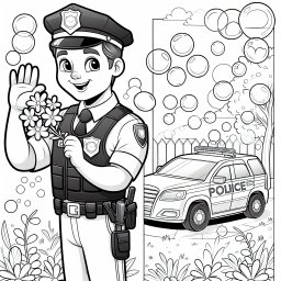 Freundlicher Polizist winkt - Polizist, Blumenstrauß, Seifenblasen, Polizeiauto, Sommermorgen