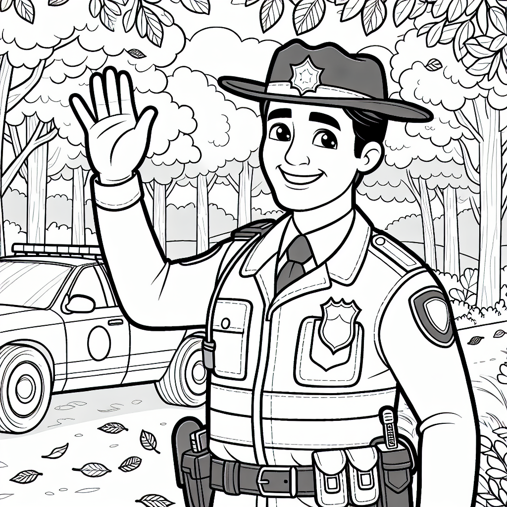 Freundlicher Polizist im Einsatz - Polizist im Wald, Herbstnachmittag Ausmalbild, freundlicher Polizist Szene