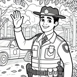 Freundlicher Polizist im Einsatz - Polizist im Wald, Herbstnachmittag Ausmalbild, freundlicher Polizist Szene