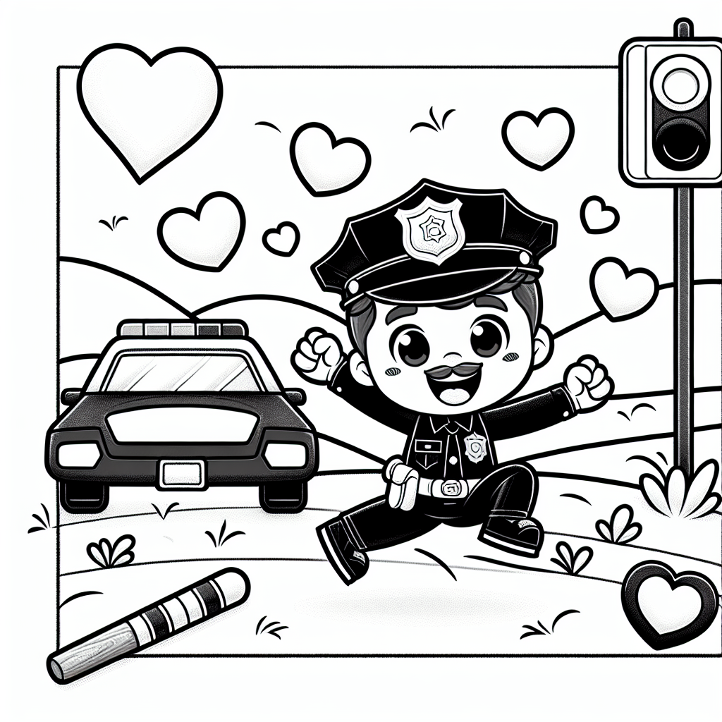 Flinker Polizist auf Abenteuer - Polizist, Polizeiauto, Verkehrskelle, Sommermorgen, Ausmalbild
