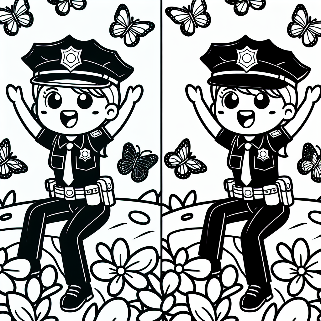 Willkommen in der bunten Welt der Malbücher! Heute haben wir ein ganz besonderes Ausmalbild für dich: Eine fröhliche Polizistin, die auf einem Felsen sitzt und von den hübschesten Schmetterlingen umgeben ist, die du je gesehen hast. Kannst du die Lächeln auf ihren Gesichtern erkennen? Diese Polizistin ist so freundlich, dass sogar die Schmetterlinge nicht anders können, als um sie herumzuflattern!

Jetzt ist es an der Zeit, deine Buntstifte hervorzuholen und der Szene Leben einzuhauchen. Welche Farbe hat die Uniform einer Polizistin? Vielleicht möchtest du sie in den klassischen Blau- und Schwarztönen ausmalen, oder du lässt deiner Fantasie freien Lauf und kreierst eine verrückte Regenbogen-Uniform! Vergiss nicht, den Schmetterlingen farbenfrohe Flügel zu schenken - wie wäre es mit leuchtendem Orange und frischem Grün?

Achte darauf, die klaren Linien zu nutzen, um deine Farben ordentlich zu halten. Der Himmel könnte mit einem sanften Blau herrlich strahlen, während der Felsen in einem warmen Braunton leuchtet. Und wer weiß, vielleicht versteckt sich ja noch ein kleiner Marienkäfer auf dem Felsen, der auf deine Entdeckung wartet!