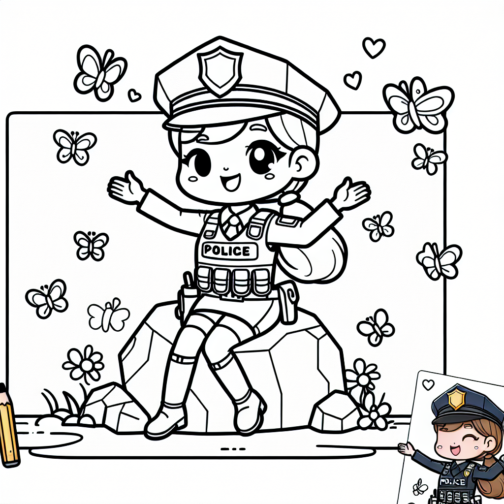 Hier kommt eine lustige und lehrreiche Ausmalbild-Illustration für euch! Unsere fröhliche Polizistin sitzt entspannt auf einem Felsen und wird von farbenfrohen Schmetterlingen umschwirrt. Sie trägt ihre typische Polizeiuniform, die Kinder mit bunten Farben ihrer Wahl ausmalen können. Wusstest du, dass Polizistinnen und Polizisten da sind, um uns zu schützen und für Sicherheit zu sorgen? Sie helfen uns in Notfällen, unterstützen bei Problemen und sorgen dafür, dass alle die Regeln einhalten.
Polizistinnen sind genauso mutig und stark wie ihre männlichen Kollegen. Sie arbeiten hart daran, die Gemeinschaft sicher zu halten. Ihre Uniform besteht aus einer speziellen Jacke und einem Hut, die oft blau oder schwarz sind - aber beim Ausmalen könnt ihr eurer Fantasie freien Lauf lassen! Die Schmetterlinge um sie herum bringen Leben und Farbe in die Illustration und laden dazu ein, in leuchtenden Tönen gestaltet zu werden.
Viel Spaß beim Ausmalen und Entdecken der spannenden Arbeit einer Polizistin! Vergesst nicht, dass Kreativität und Wissen Hand in Hand gehen können.