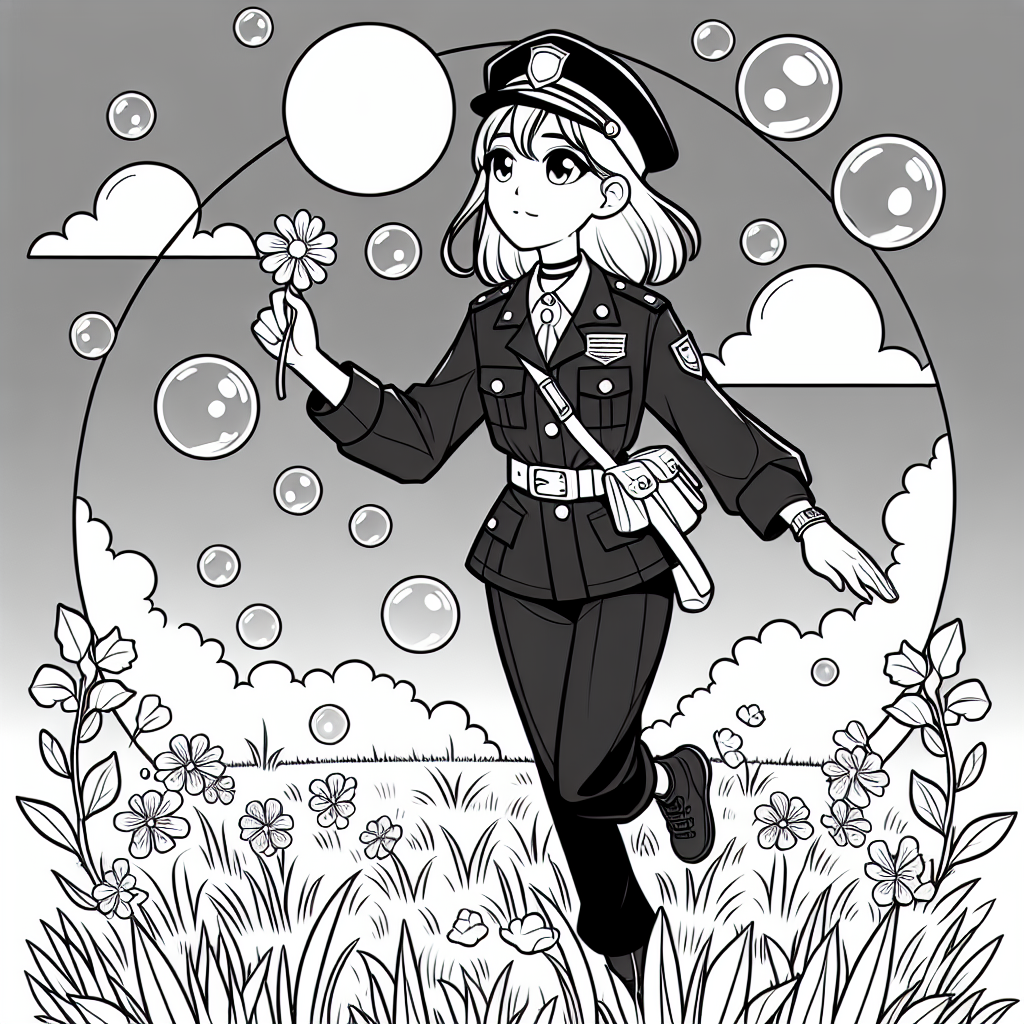 Freundliche Polizistin im Frühlingshüpfer - Polizistin, Wiese, Mütze, Pusteblumen, Funkgerät