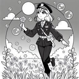 Freundliche Polizistin im Frühlingshüpfer - Polizistin, Wiese, Mütze, Pusteblumen, Funkgerät, Dienstmarke, Kinderfrühling