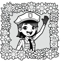 Fröhliche Hüterin – Tags: #Polizistin #Blumenhut #Ausmalspaß #Kreativität #Farbenfreude