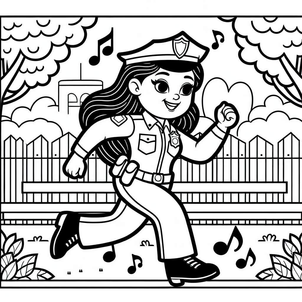 Polizistin im Park - Polizistin, Parklauf, Herbstblatt, Polizeiuniform, Musiknotenflug