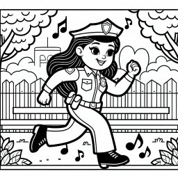 Polizistin im Park - Polizistin, Parklauf, Herbstblatt, Polizeiuniform, Musiknotenflug