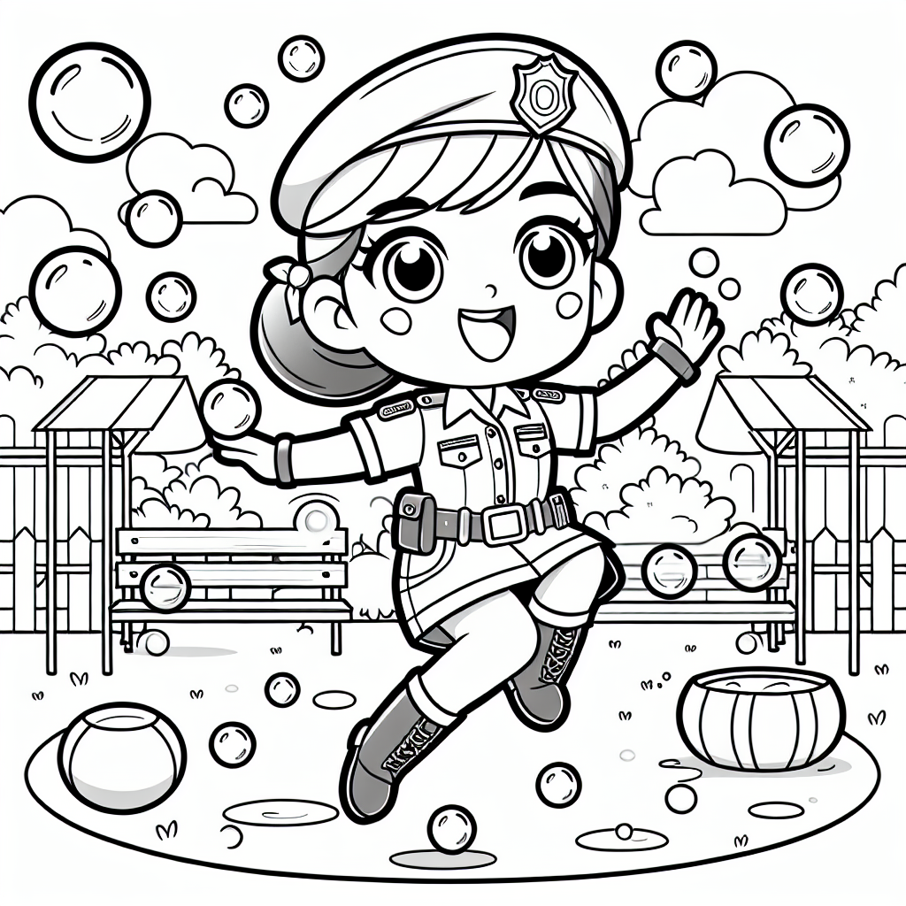 Springende Polizistin im Seifenblasenland - Polizistin, Seifenblasen, Spielplatz, Sommermorgen, Parkabenteuer