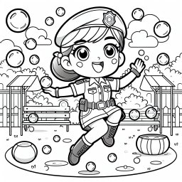 Springende Polizistin im Seifenblasenland - Polizistin, Seifenblasen, Spielplatz, Sommermorgen, Parkabenteuer