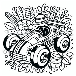 Blumenflitzer – Tags: Rennauto, Formel 1, Rennstrecke, Siegerpokal, Startflagge