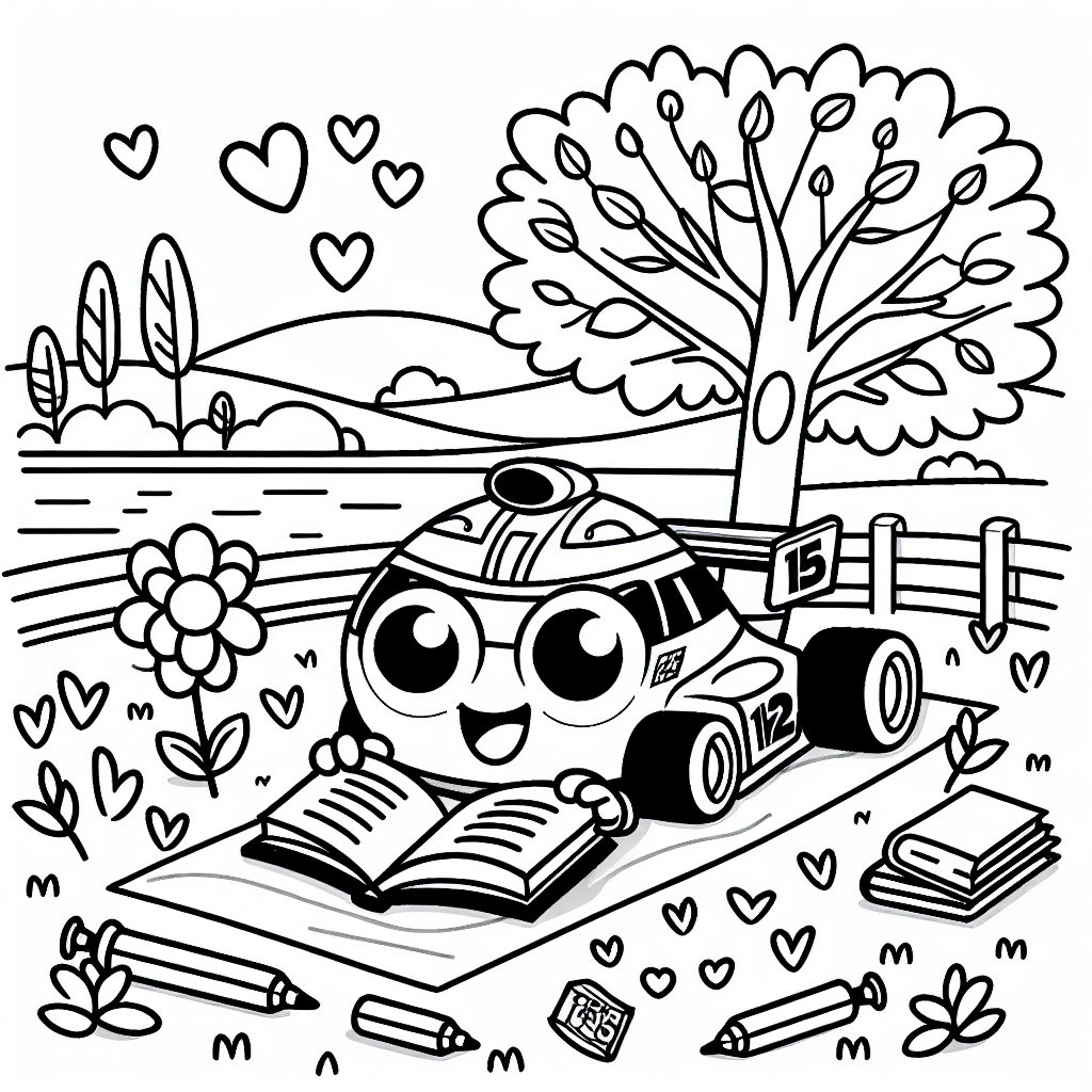 Rasantes Rennauto - Rennauto liest Buch, Herbstmorgen am Seeufer, Blumenwiese Ausmalbild, Leseabenteuer für Kinder