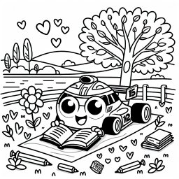 Rasantes Rennauto - Rennauto liest Buch, Herbstmorgen am Seeufer, Blumenwiese Ausmalbild, Leseabenteuer für Kinder