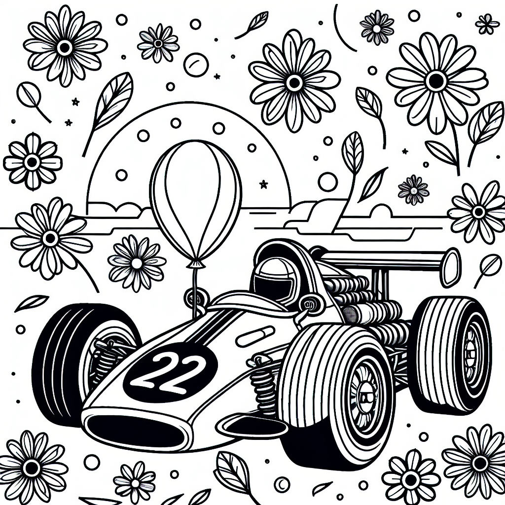 Fröhliches Blumenauto - Tags: #Rennauto #Kreativität #Formel1 #Ausmalspaß #Blumendesign