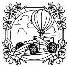 Ruhiges Rennauto – Tags: Rennauto, Formel 1, Ausmalspaß, Blumen, Luftballon