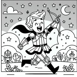 Fröhlicher Ritter auf Abenteuer - Ritter, Abenteuer, Burg, Abenddämmerung, Rüstung, Sterne, Ausmalbild