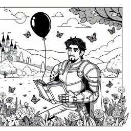 Der lesende Ritter - Ritter, Rüstung, Buch, Wiese, Ballon, Burg, Himmel, Frieden