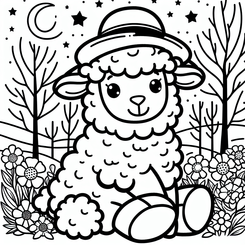 Schaf mit Sternenglanz - Schaf, Frühling, Abenddämmerung, Ausmalbild, Waldrand