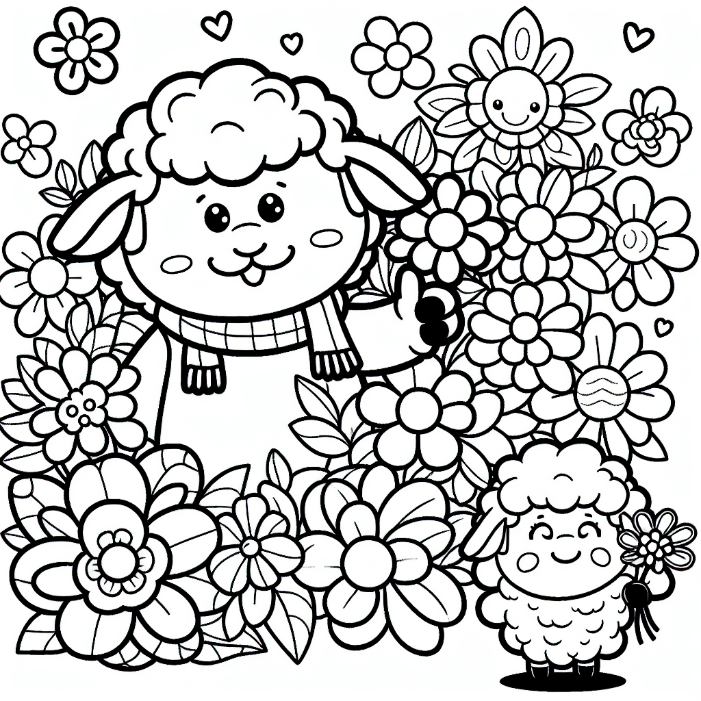 verschmitztes Blümchenschaf - Tags: Schaf, Ausmalbild, Kinderfreundlich, Blumen, Kreativmalen