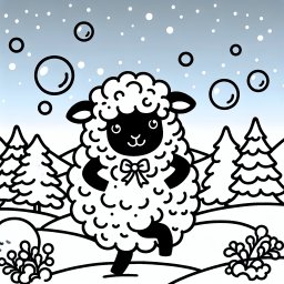 Neugieriges Tanzschaf im Winter - Schaf tanzt, Winterwiese, Schneeflocken, Seifenblasenhimmel