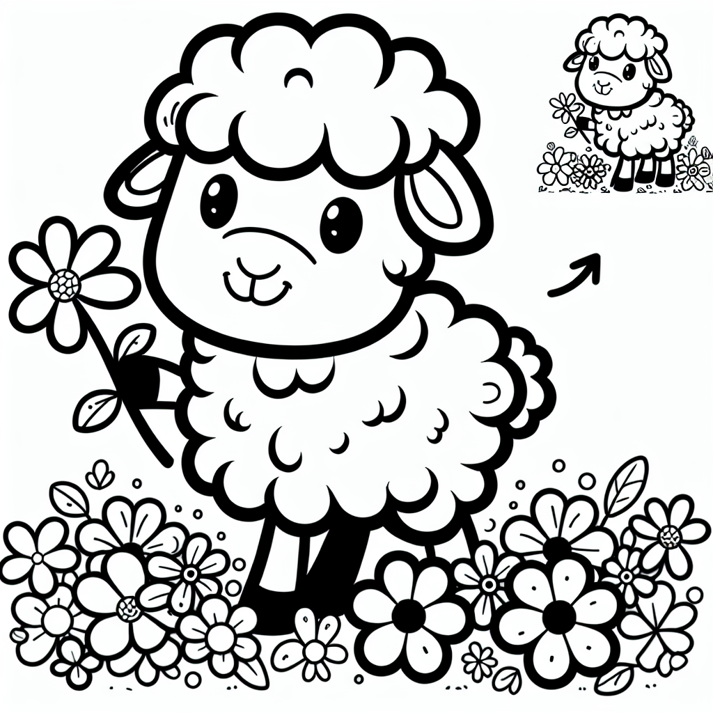 Blumiges Schaf - Tags: Schaf, Malbuch, Kinder, Blume, Kreativität