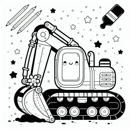 Fröhlicher Bagger – Tags: Schaufelradbagger, Ausmalbild, Tagebau, Fantasie, Kinder