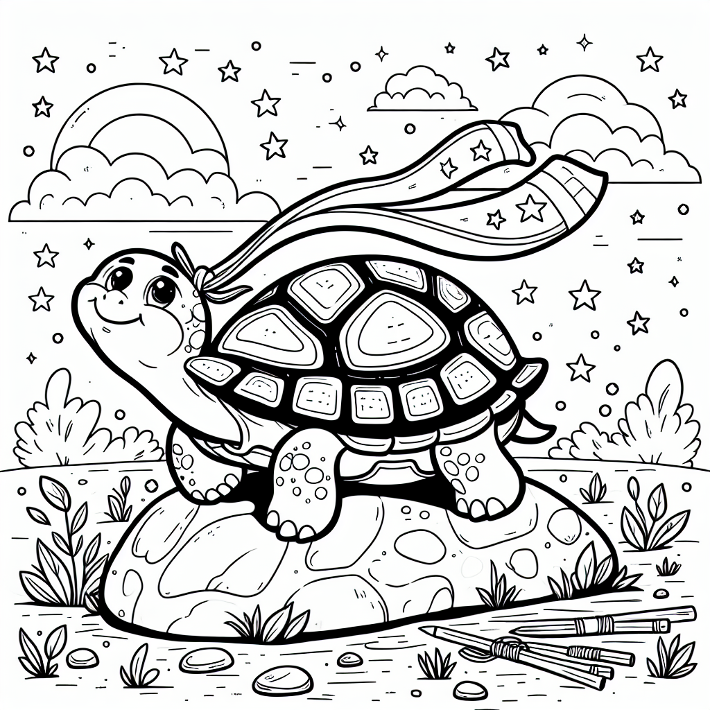 Mutige Schildkröte im Sternenlauf - Schildkröte malen, Frühlingsabenteuer, Superheldenschildekrote, Ausmalspaß im Frühling