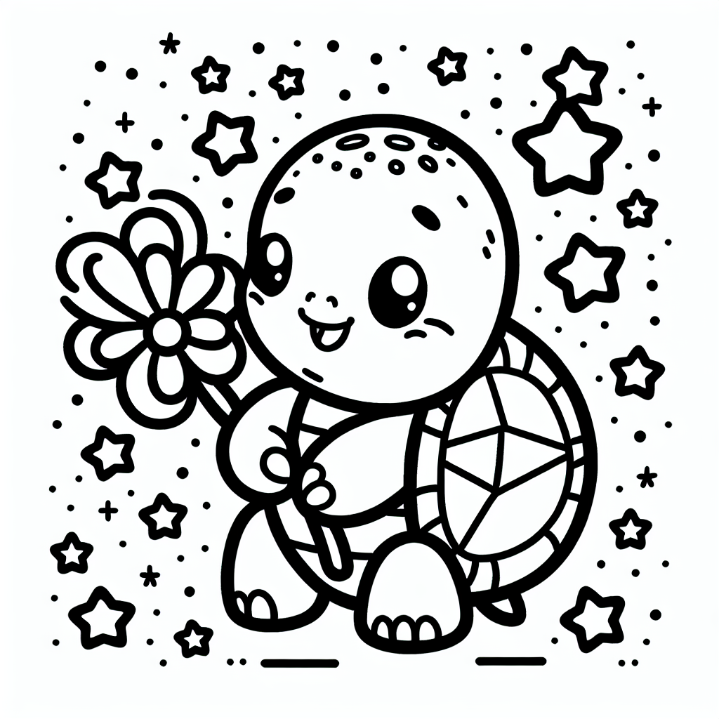 Fröhliche Blütenschildkröte - Ausmalbild, Schildkröten, Malspaß, Kinder, Quiz