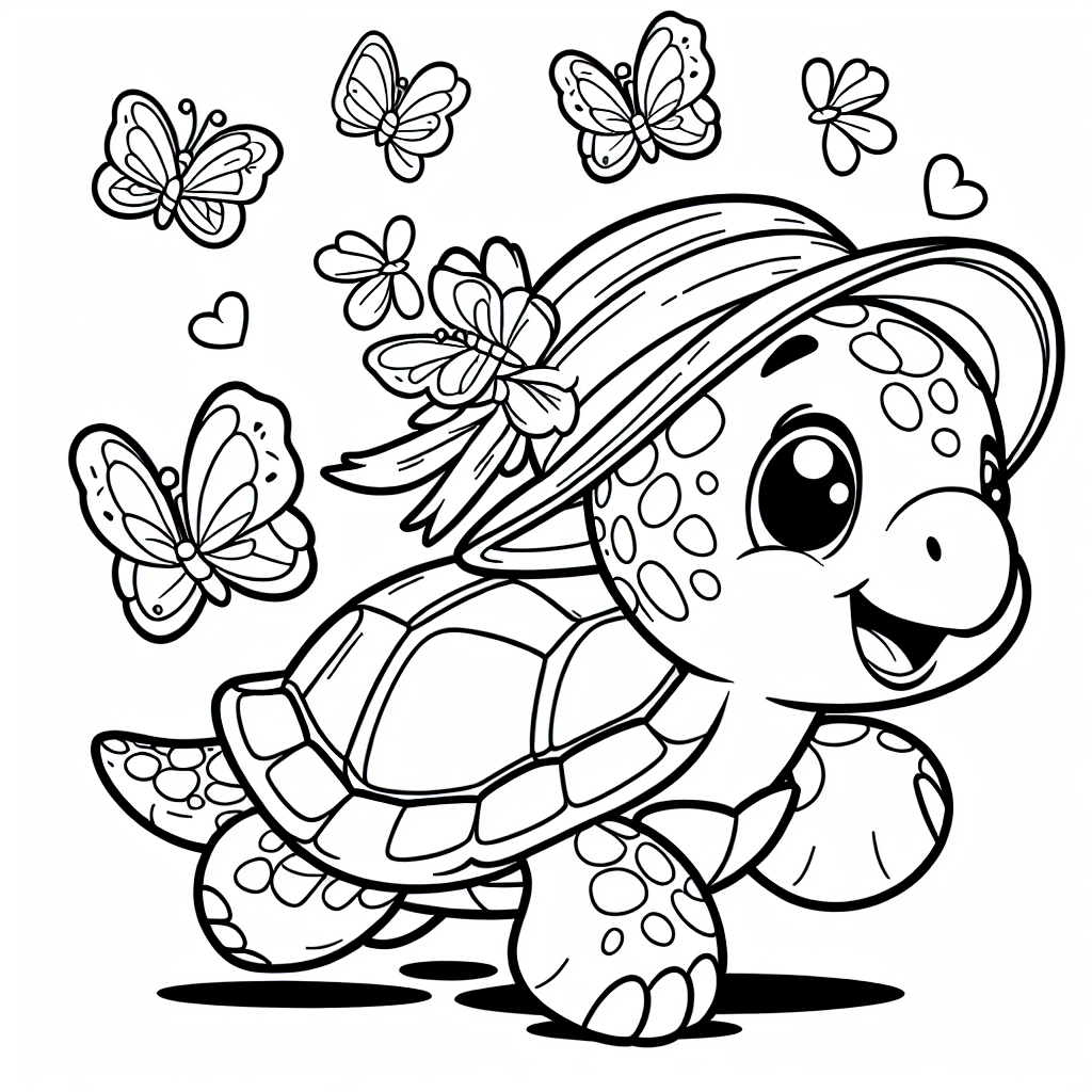 Neugieriger Schildi - Tags: Schildkröte, Ausmalbild, Schmetterlinge, Kreativität, Farben.