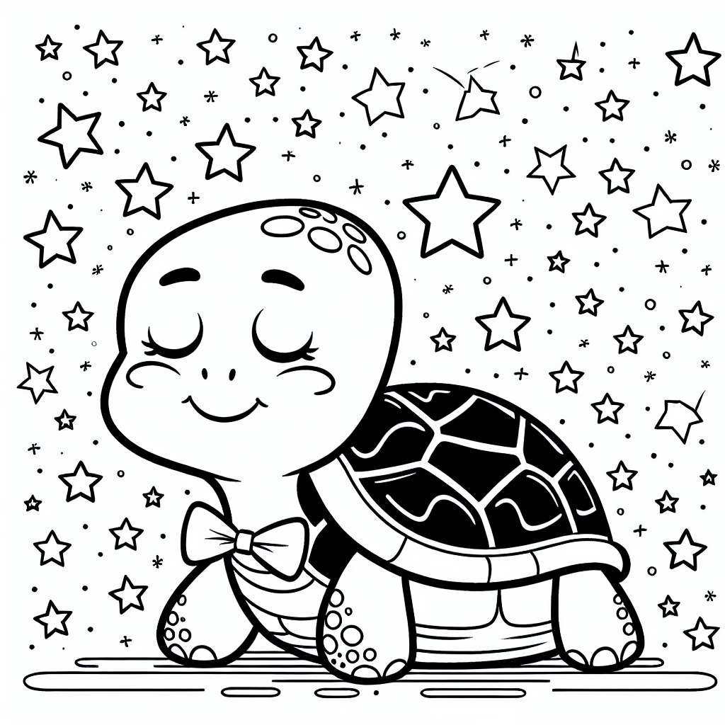 Beginne mit dem charakteristischen Panzer der Schildkröte, indem du ihn in warmen Erdtönen wie Braun, Ocker und Grün ausmalst. Dies hebt die Langlebigkeit und Stabilität der Schildkröte hervor. Experimentiere mit leichten Schattierungen, um die Musterung des Panzers hervorzuheben - so erhält er eine realistische Textur. Die Schildkröte trägt eine verspielte Fliege, also wähle dafür eine knallige Farbe wie Rot oder Blau, um ihr einen charmanten und einzigartigen Look zu verleihen.
Die Sterne um die Schildkröte herum bieten dir die Gelegenheit, mit leuchtenden Farben zu experimentieren. Verwende Gelb oder Silber, um sie wie im Nachthimmel erstrahlen zu lassen. Wenn du magst, füge ein paar funkelnde Punkte mit einem weißen Gelstift hinzu, damit die Sterne lebendig wirken.
Denke daran, die Langsamkeit der Schildkröte zu zelebrieren, indem du sanfte und beruhigende Farben wie Blau und Aquamarin für den Hintergrund wählst. Diese Farben erinnern an das Meer und die langsamen, anmutigen Bewegungen der Schildkröte im Wasser. Wenn du das Gefühl eines Landgangs einfangen möchtest, fügst du einige Elemente wie Gras oder Sand in natürlichen Farben hinzu, um der Szene mehr Tiefe zu verleihen.
