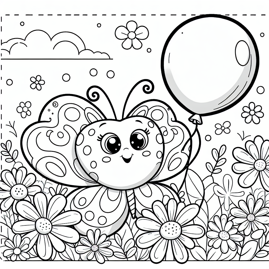Fröhlicher Tanzflug - Tags: Schmetterling, Ballon, Blumen, Ausmalbild, Comic-Stil.