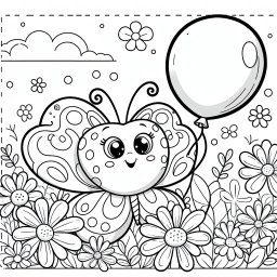 Fröhlicher Tanzflug - Tags: Schmetterling, Ballon, Blumen, Ausmalbild, Comic-Stil.