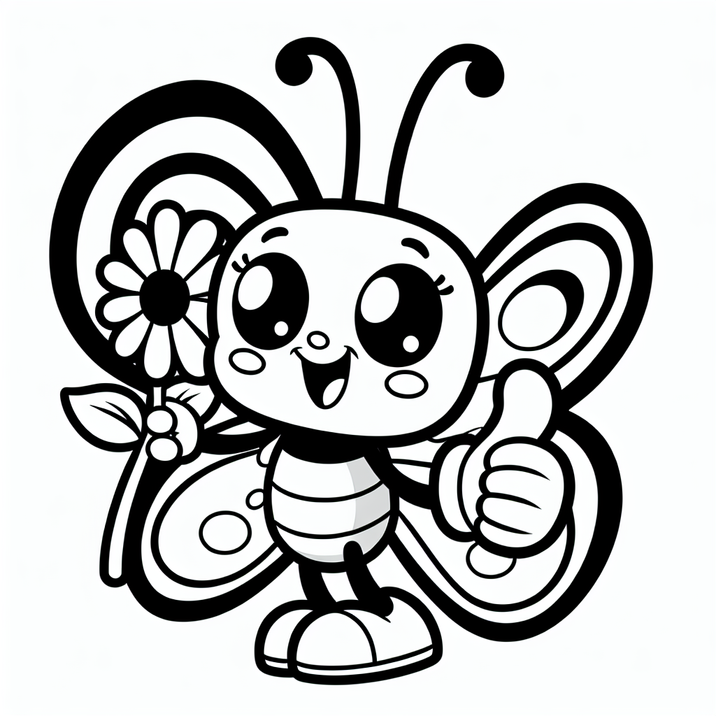 Fröhlicher Blütenfreund - Tags: Schmetterlinge, Ausmalbilder, Cartoon-Schmetterling, Kinderkunst, Kreativität