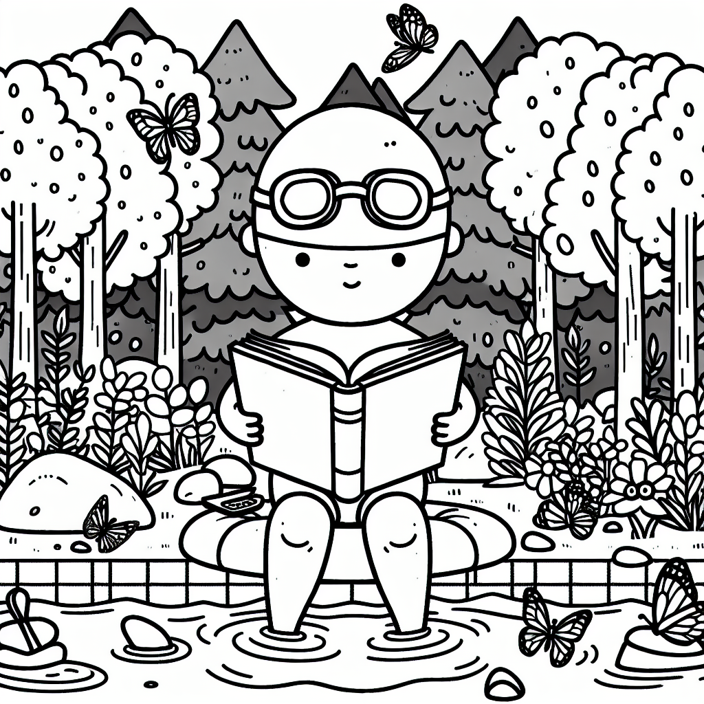 Buchlesender Schwimmer - Schwimmen, Malbuch, Kinderillustration