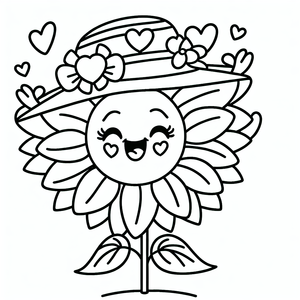 Um dieses fröhliche Sonnenblumen-Ausmalbild besonders lebendig zu gestalten, beginne mit der klassischen Sonnenblumenfarbe: einem satten Gelb für die Blütenblätter. Wähle verschiedene Gelbtöne, um die Blüte dynamisch erscheinen zu lassen. Verwende für die Mitte der Blume ein tiefes, warmes Braun, um die Sonnenblumensamen darzustellen, die in der Sonne glitzern.
Der Hut der Sonnenblume, verziert mit Herzen, bietet eine wunderbare Gelegenheit, deiner Fantasie freien Lauf zu lassen. Male ihn mit leuchtenden Farben wie Rot, Pink oder Lila aus, um einen starken Kontrast zu den gelben Blütenblättern zu schaffen. Die Herzen könnten in einem hellen Rosa oder sogar in einem glitzernden Silber dargestellt werden.
Der Hintergrund des Bildes kann einen blauen Himmel darstellen, der das Gefühl eines sonnigen Tages vermittelt. Ergänze ihn mit weißen Wolken oder einem sanften Sonnenstrahl, der auf das Sonnenblumenfeld scheint. Der Stiel und die Blätter der Blume könnten in verschiedenen Grüntönen leuchten, um das Bild weiter zu beleben. Male ein weites Feld im Hintergrund, das in zarten Gold- und Grüntönen schimmert, um die Pracht eines Sonnenblumenfeldes zu vervollständigen.