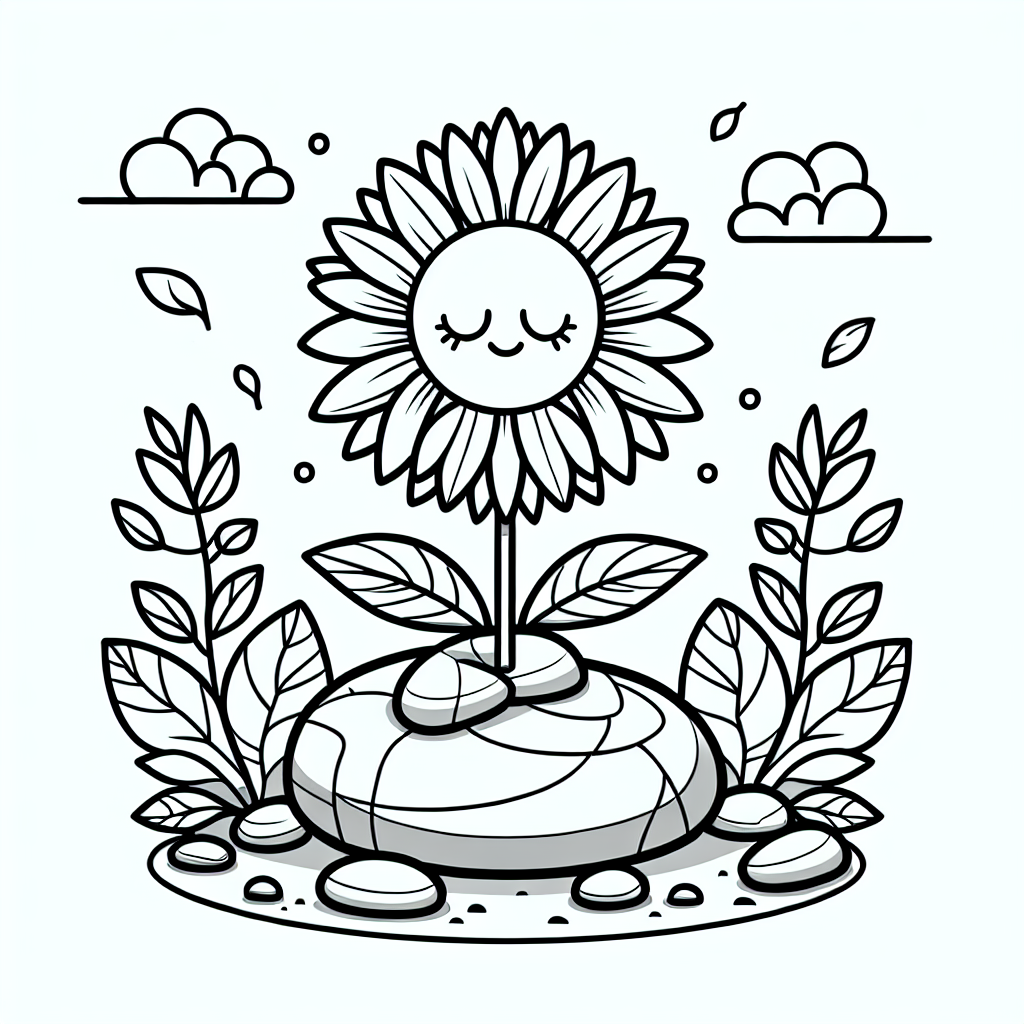 Willkommen in der fröhlichen Welt der Sonnenblumen! Auf diesem besonderen Ausmalbild entdeckst du eine Sonnenblume, die es liebt, auf einem Felsen zu sitzen und die Welt zu beobachten. Sie hat klare, schwarze Umrisse und ist bereit, mit bunten Farben zum Leben erweckt zu werden.
Wusstest du, dass Sonnenblumen der Sonne folgen? Das nennt man „Phototropismus“. Am Morgen schaut unsere Sonnenblume nach Osten, um die ersten Strahlen der Sonne zu begrüßen. Wenn der Tag voranschreitet, dreht sie sich langsam, sodass ihre Blüte die warme Sonne immer im Blick hat. Du kannst sie in einem leuchtenden Gelb ausmalen, das ist die Lieblingsfarbe der Sonnenblume!
Stell dir vor, unsere Sonnenblume ist nicht allein: Sie gehört zu einem großen Feld voller fröhlicher, gelber Blüten. Alle wachsen sie hoch und stark, um die sonnigen Tage zu genießen. Sie verstecken kleine Geheimnisse in ihrem Inneren: die Sonnenblumenkerne! Diese Samen sind nicht nur lecker, sondern auch das, was neue Sonnenblumen wachsen lässt.
Also schnapp dir deine Farben und mach diese Sonnenblume wunderschön!